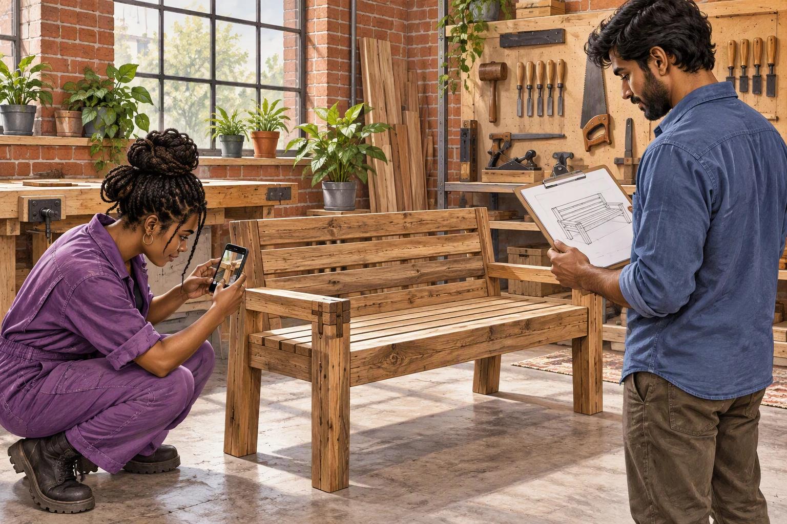 A maker photographs a finished timber bench while a colleague compares it with a drawing.