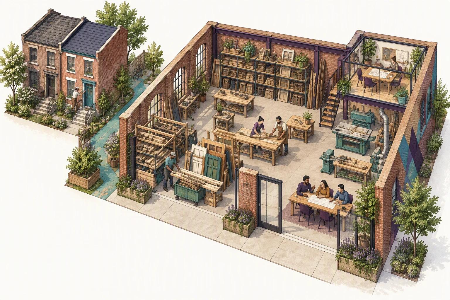 Cutaway brick Foundry with a material yard, equipped workshop, planning spaces and nearby homes.