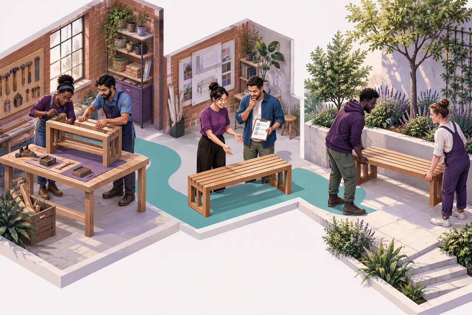 Young makers build a bench, review the finished work and install it in a shared courtyard.