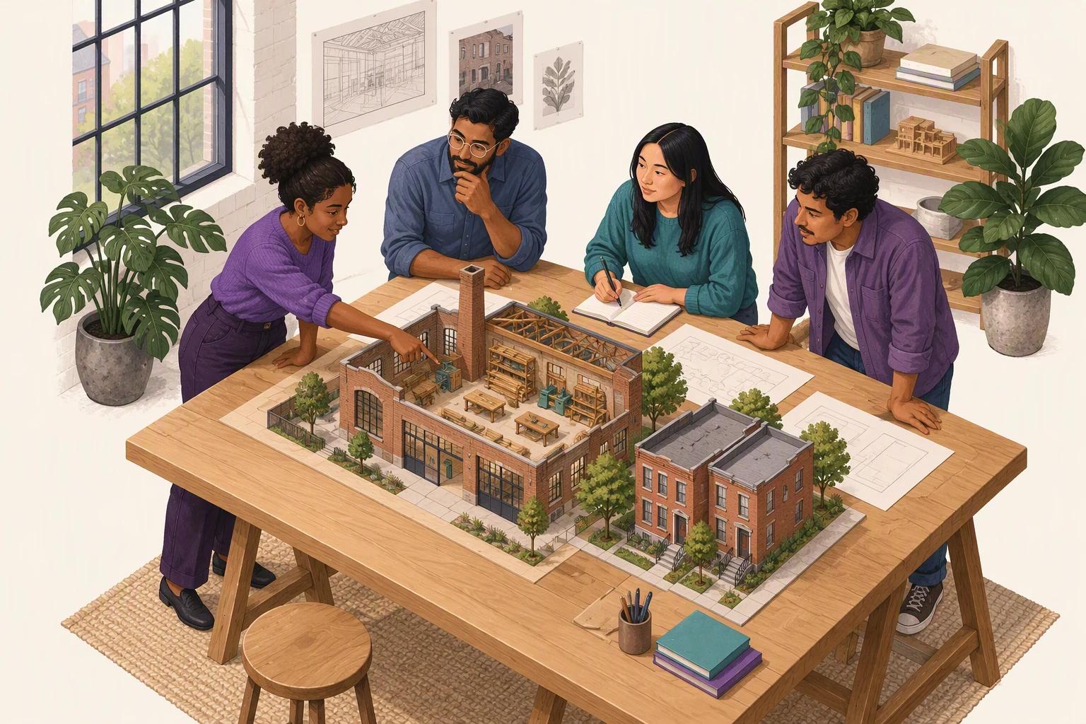 Young adults review a model of a Foundry and nearby homes at a timber planning table.