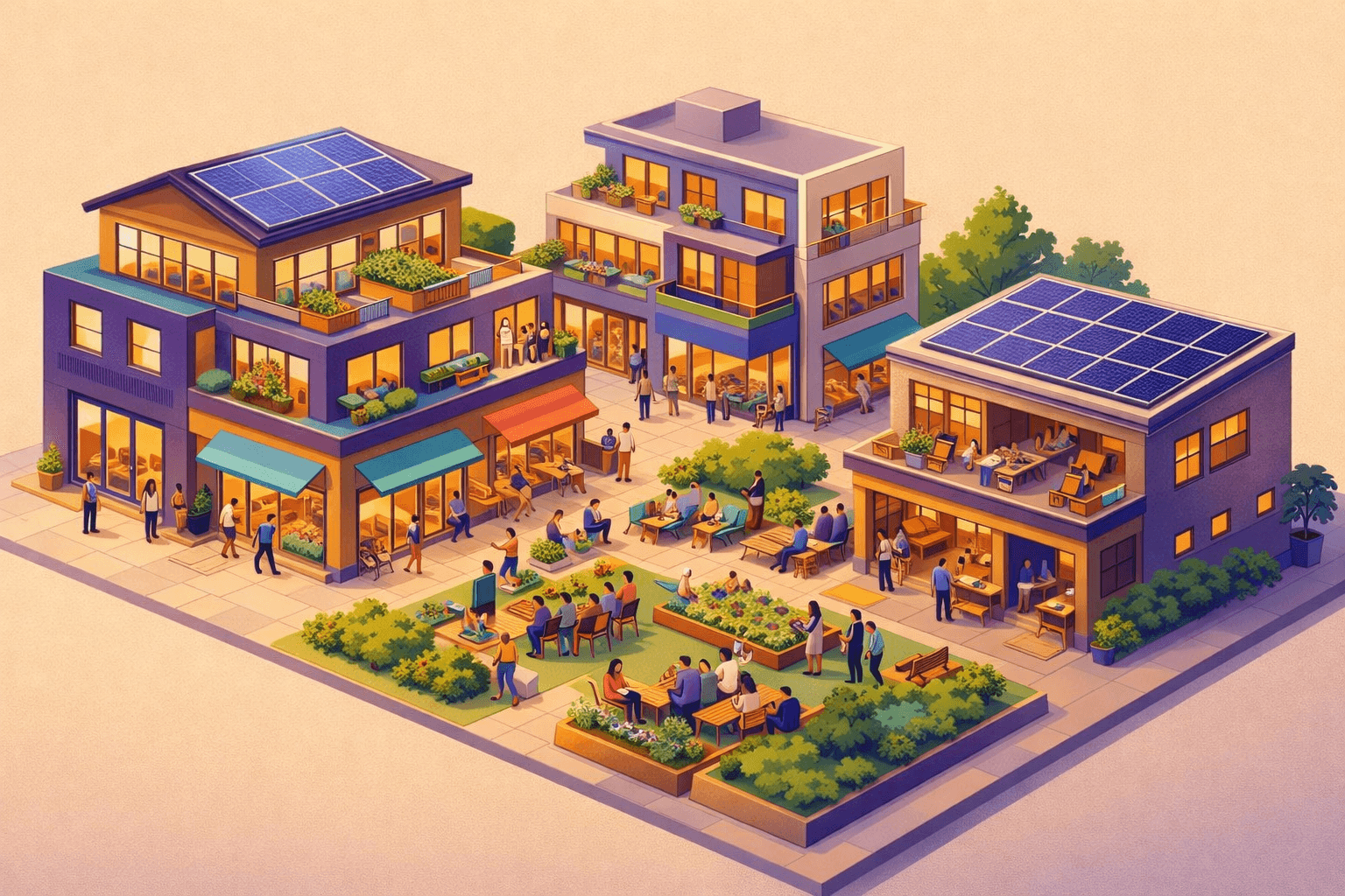 Axonometric view of a community-owned block: homes, workshops, storefronts, shared spaces